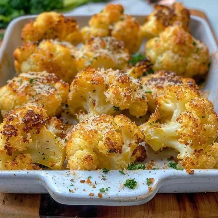 Crispy Roasted Cauliflower with Creamy Herb Sauce Crispy roasted cauliflower served with creamy herb sauce on a plate