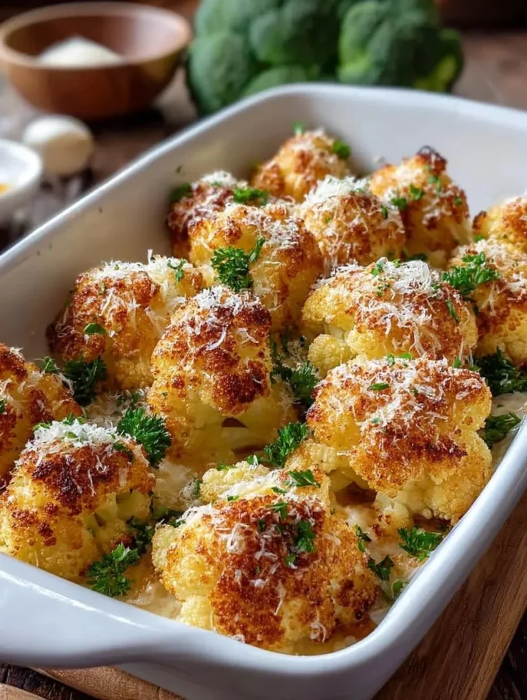 Crispy roasted cauliflower garnished with creamy herb sauce on a plate.