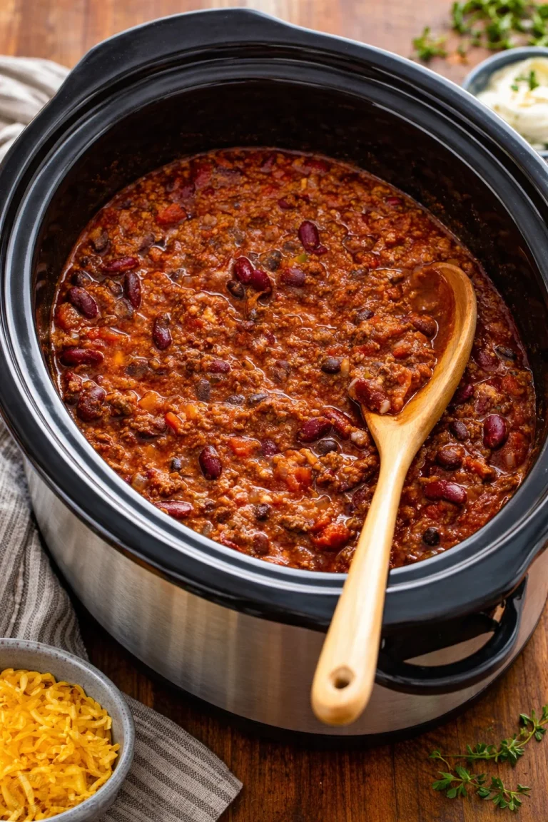 Delicious Crock Pot beef chili simmering in a bowl with fresh toppings