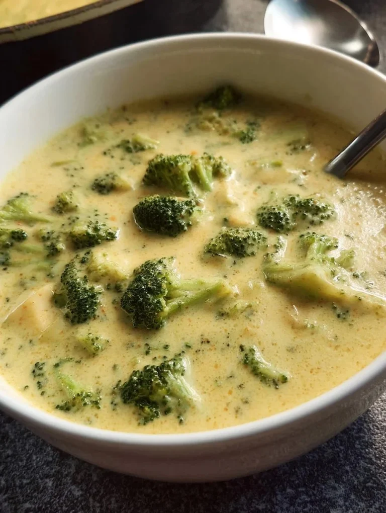 Creamy crockpot broccoli soup in a bowl garnished with parsley