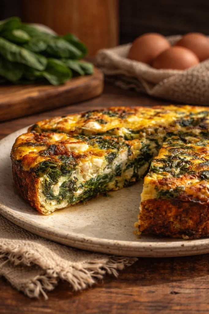 Crustless spinach and feta quiche with fresh ingredients and herbs