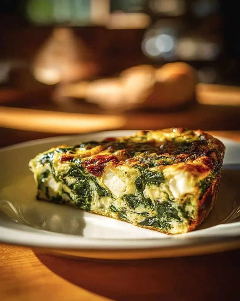 Crustless spinach quiche with onion and feta served on a plate