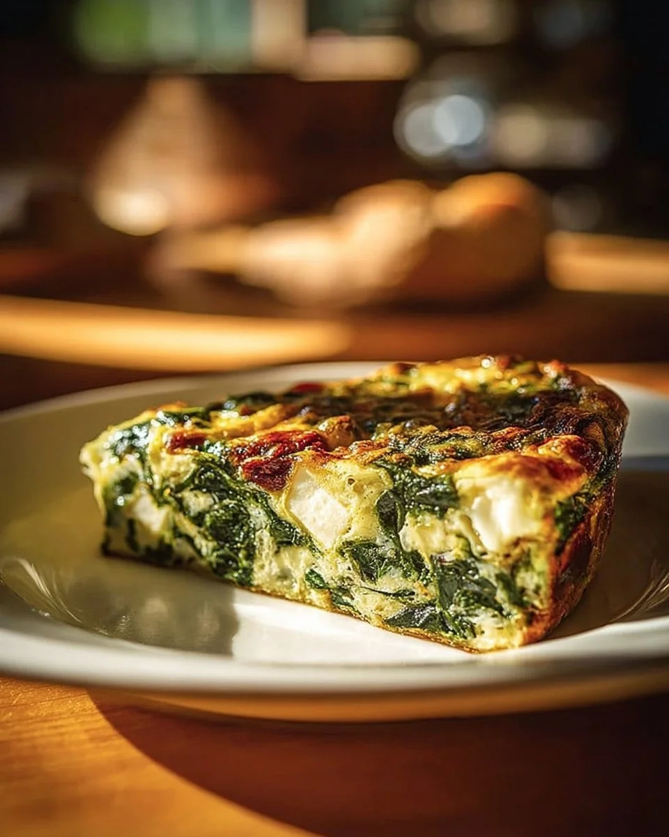 Crustless spinach quiche with onion and feta served on a plate