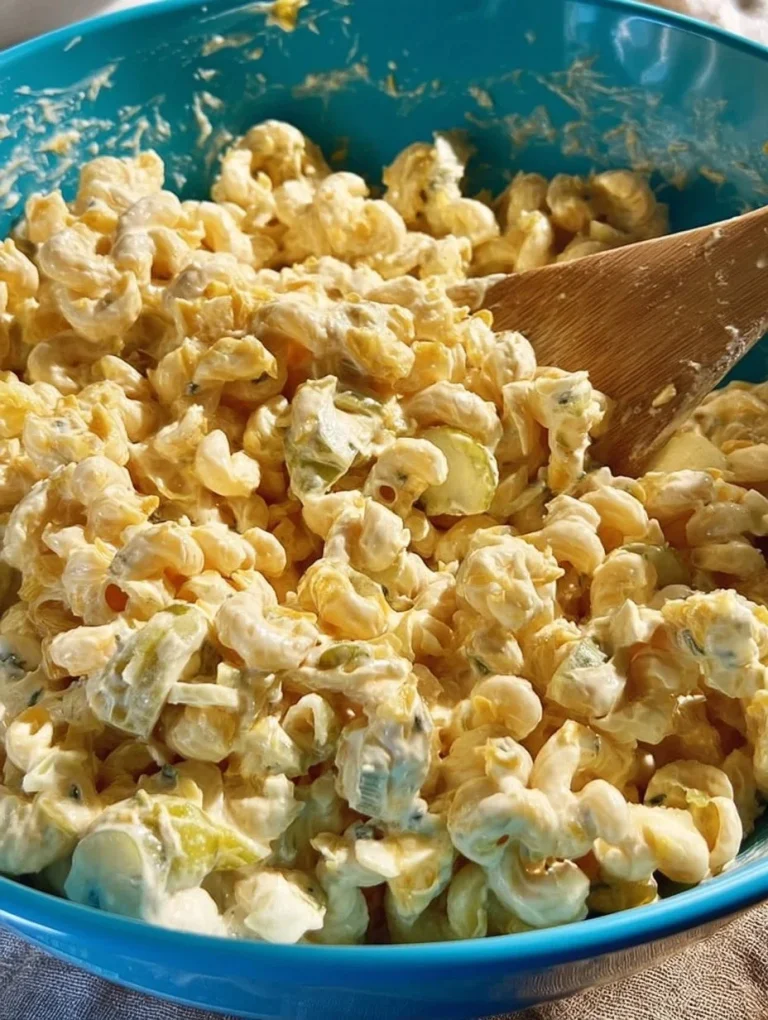 Delicious deviled egg pasta salad in a bowl with fresh herbs and eggs.