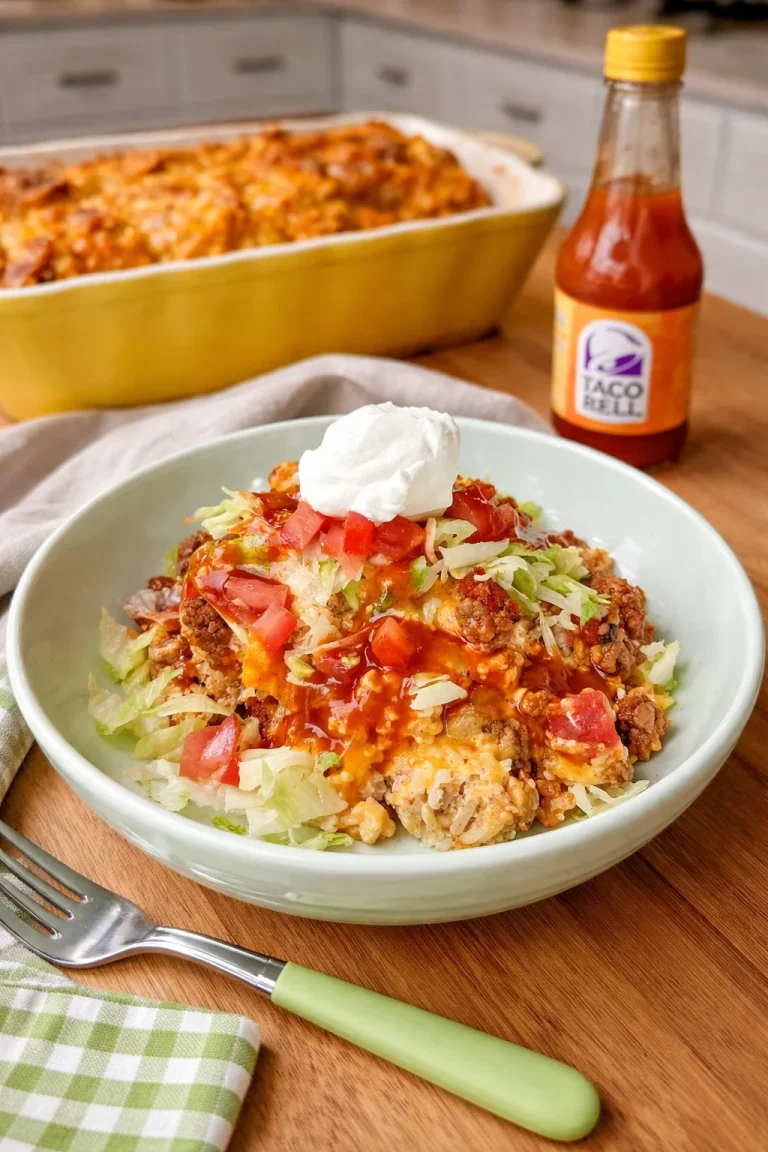 Delicious Doritos Crazy Taco Casserole topped with chips and cheese