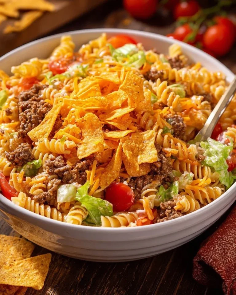 Delicious Doritos Locos Taco Pasta Salad with vibrant ingredients and flavors.