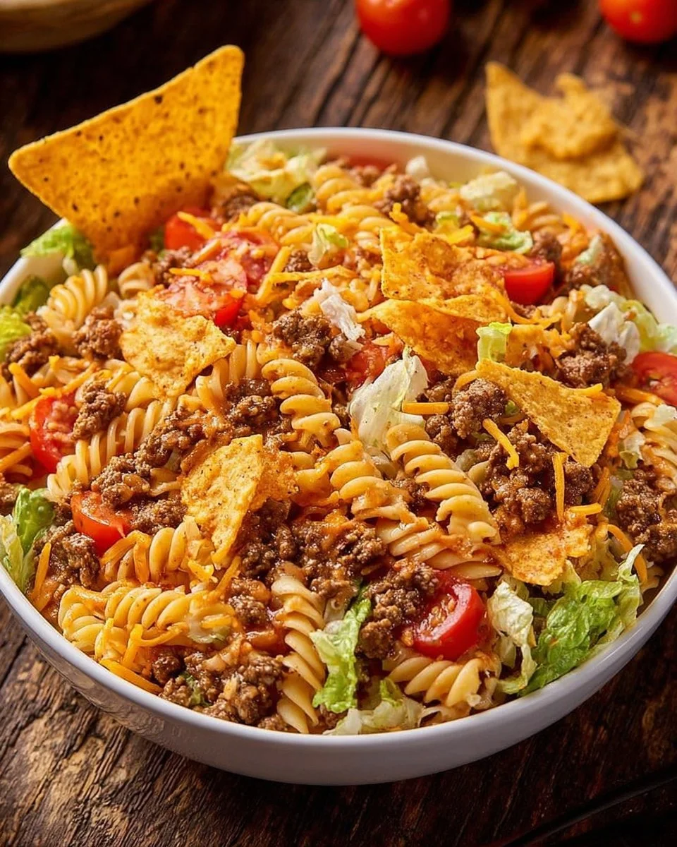 Doritos Locos Taco Pasta Salad with colorful ingredients in a bowl