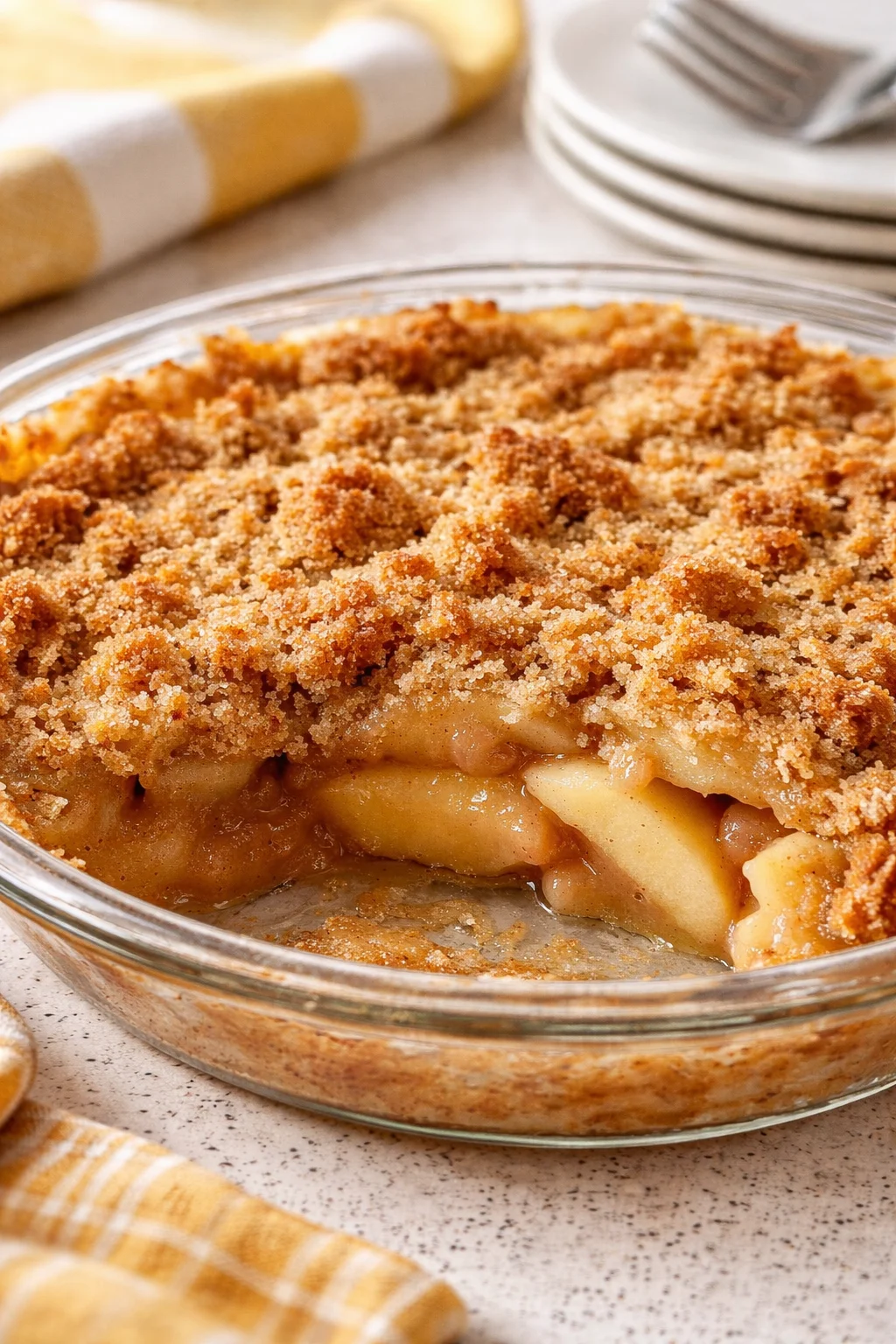 Slice of homemade Dutch Apple Pie topped with vanilla ice cream