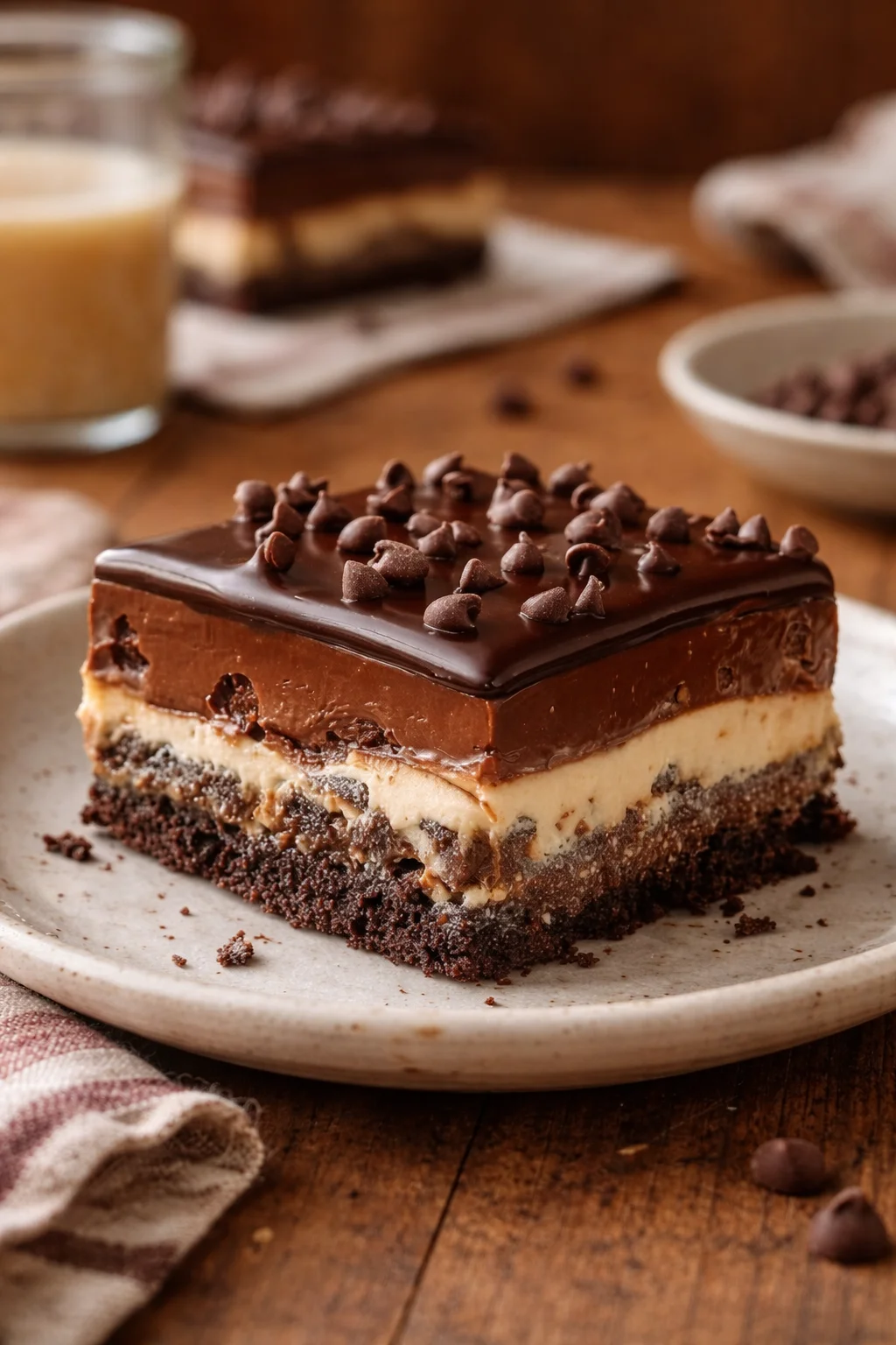 Delicious Earthquake Cake with cream cheese and chocolate chips on a plate.