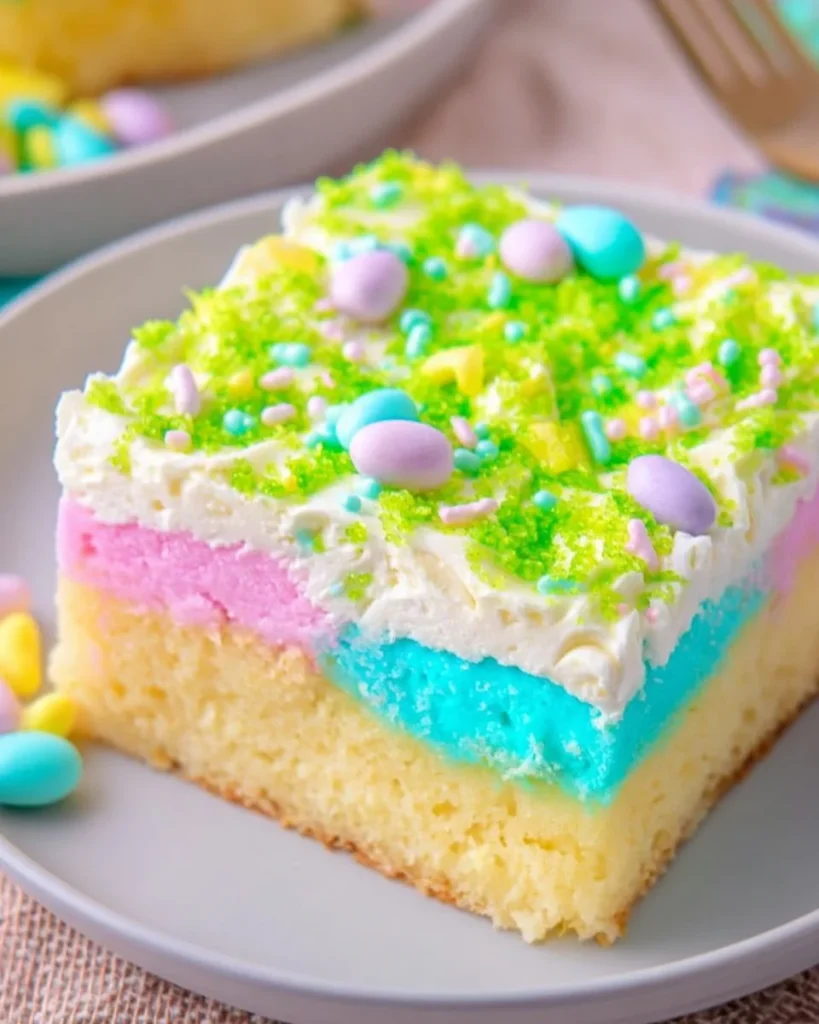 Colorful Easter Poke Cake decorated for spring festivities.