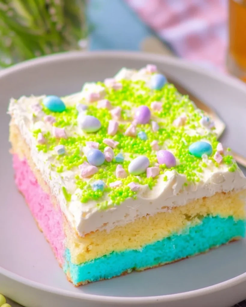 Easter Poke Cake decorated with pastel colors and festive toppings.