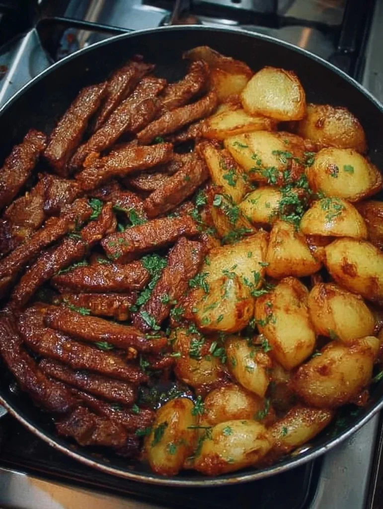Delicious garlic butter steak with potatoes in a skillet