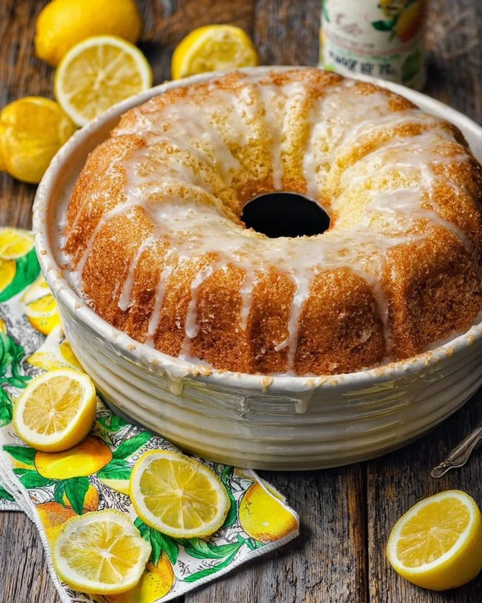 Easy Lemon 7-Up Cake with lemon glaze on a white plate