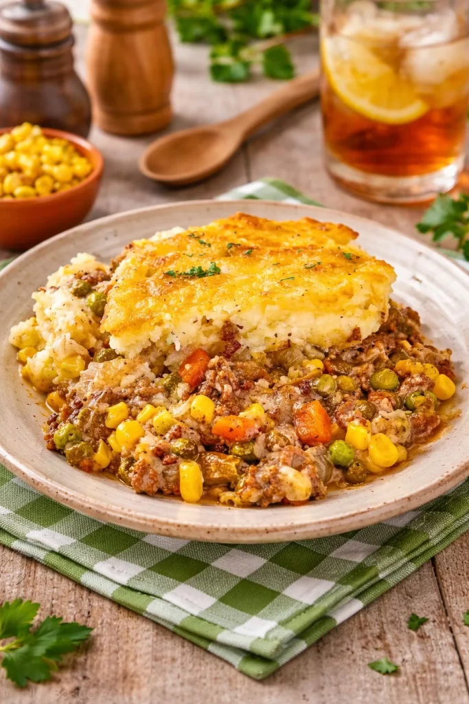 Deliciously easy Shepherd's Pie served with a golden crust and savory filling