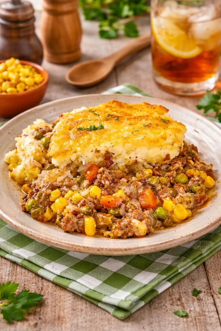 Deliciously easy Shepherd's Pie served with a golden crust and savory filling