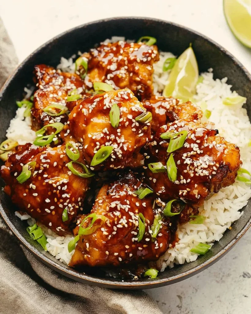 Plate of Easy Sticky Asian Glazed Chicken garnished with sesame seeds and green onions.
