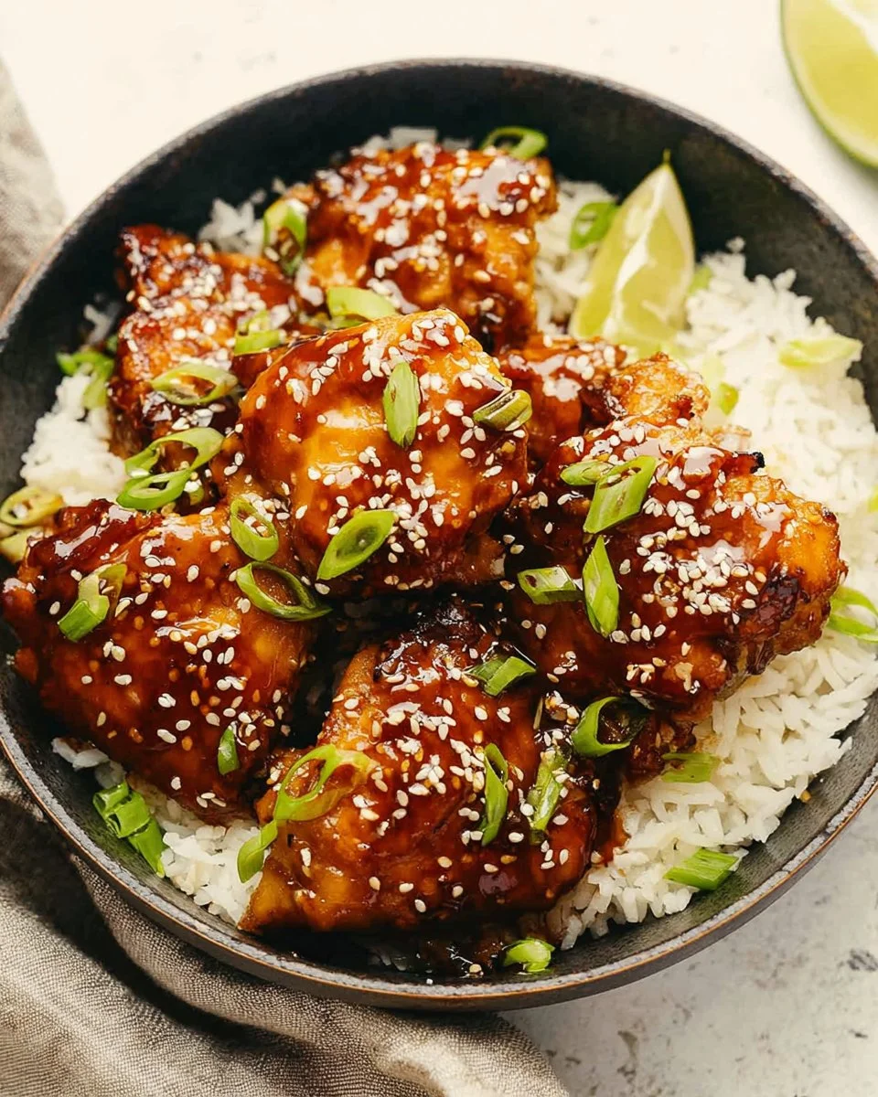 Plate of Easy Sticky Asian Glazed Chicken garnished with sesame seeds and green onions.