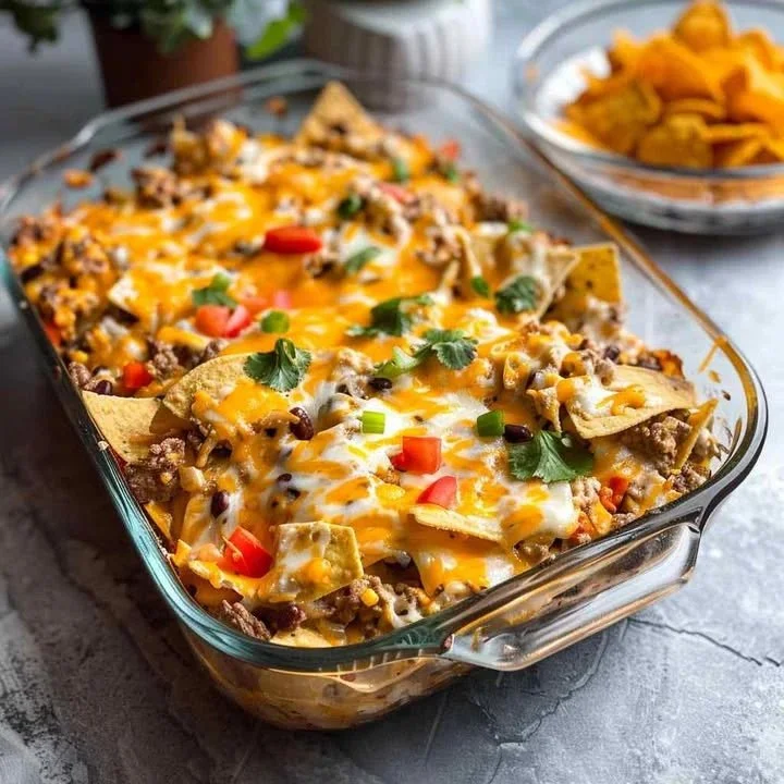 Delicious easy taco casserole prepared and served in a colorful dish.