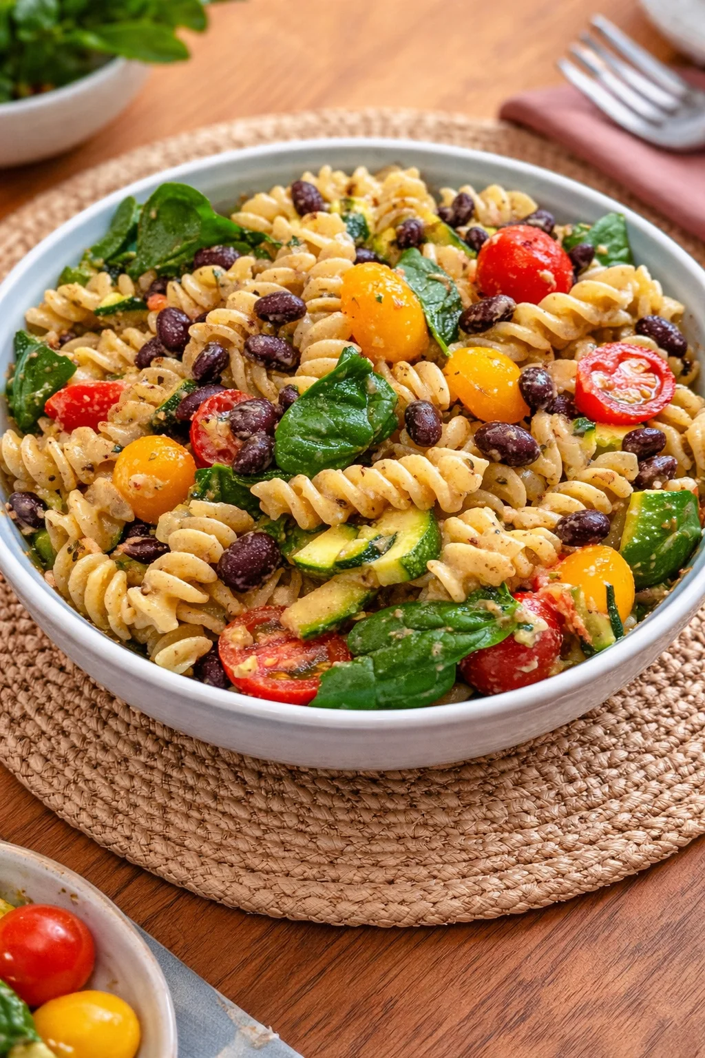 Easy Taco Pasta Salad Bowl of easy taco pasta salad with colorful ingredients and dressing