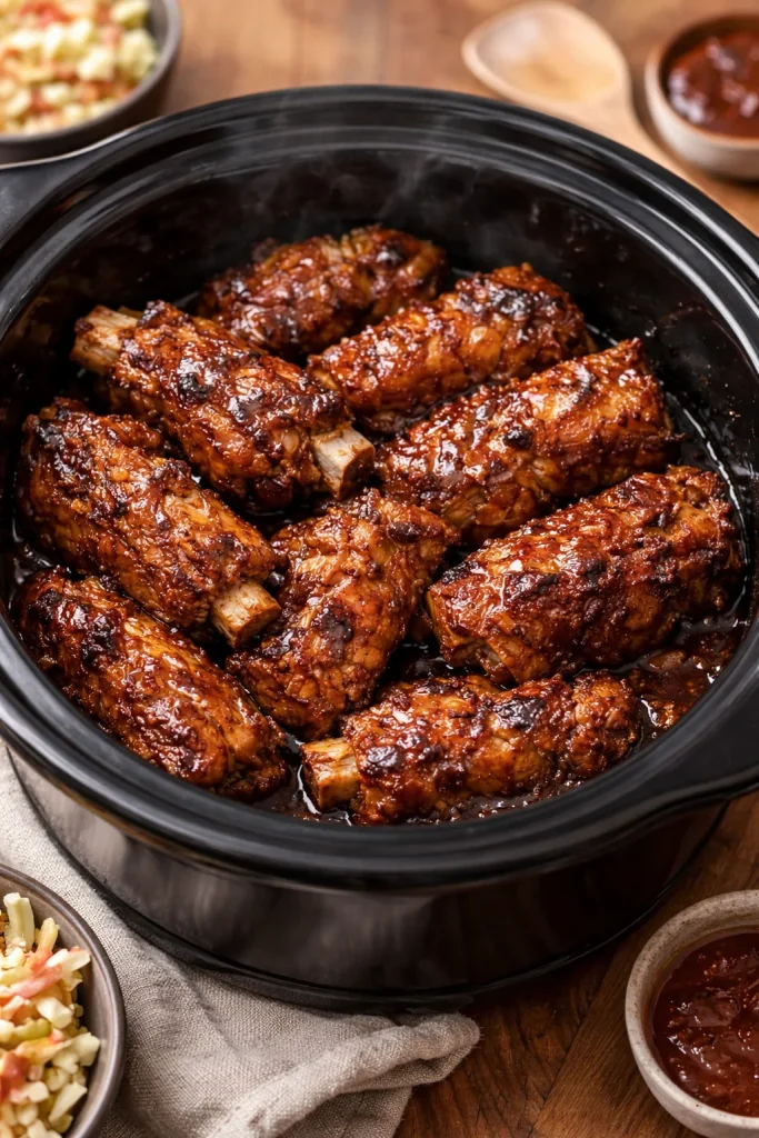 Delicious Fall Off the Bone Ribs served with barbecue sauce and sides