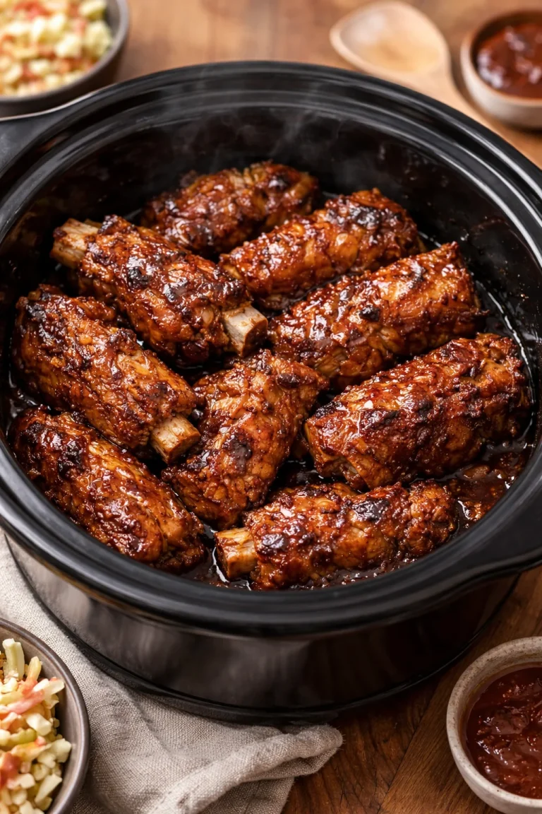 Delicious Fall Off the Bone Ribs served with barbecue sauce and sides