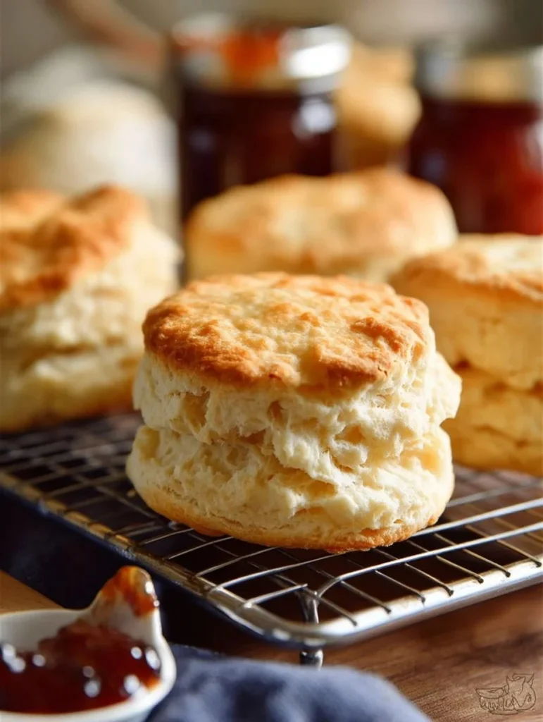 Freshly baked fluffy biscuits on a wooden table