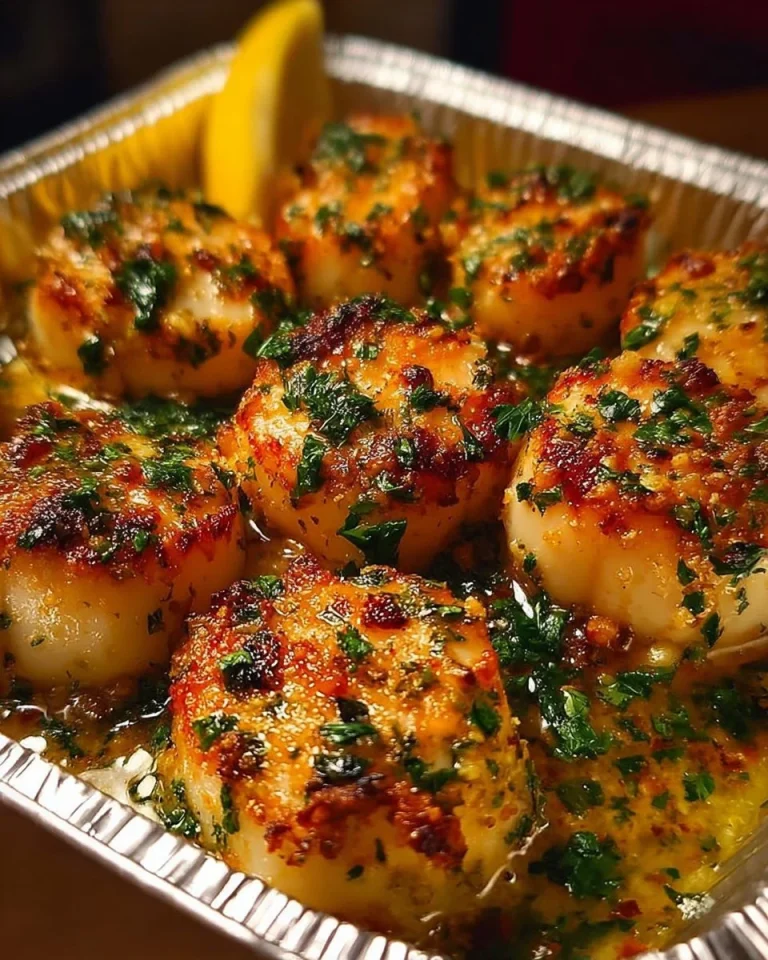 Garlic Butter Baked Scallops Garlic butter baked scallops, garnished and ready to serve.