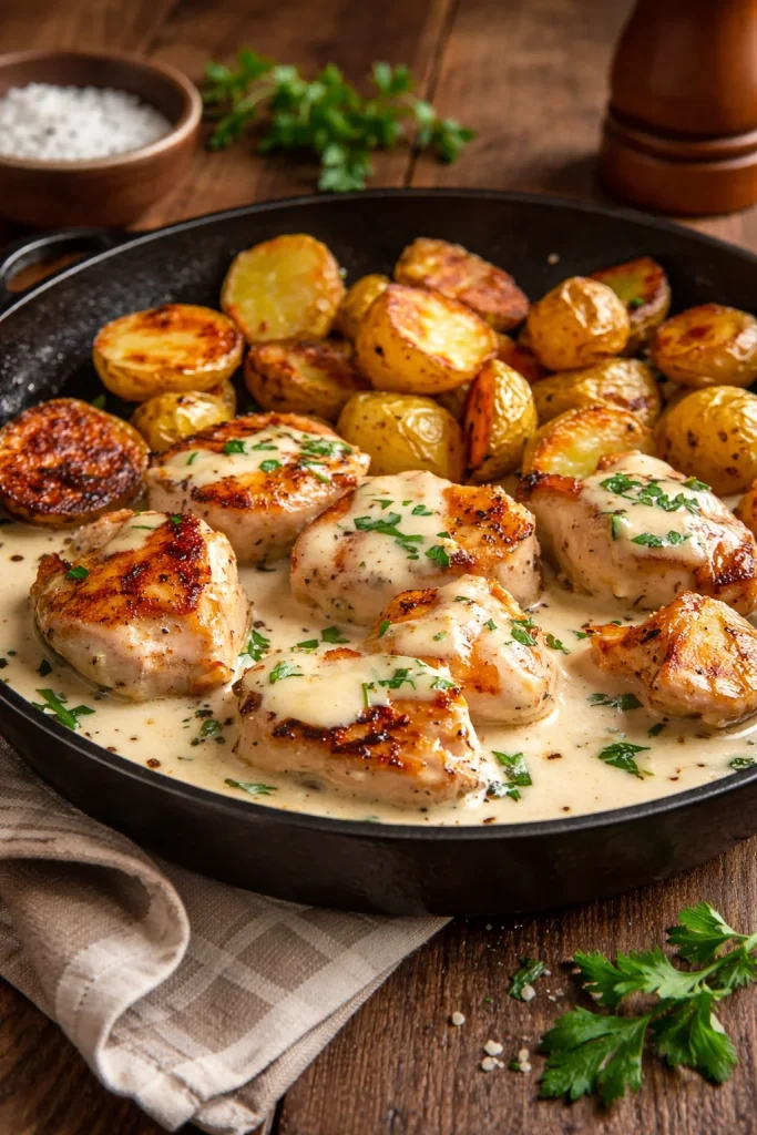 Garlic Butter Chicken Bites with Parmesan Cream Sauce and Cheesy Roasted Potatoes