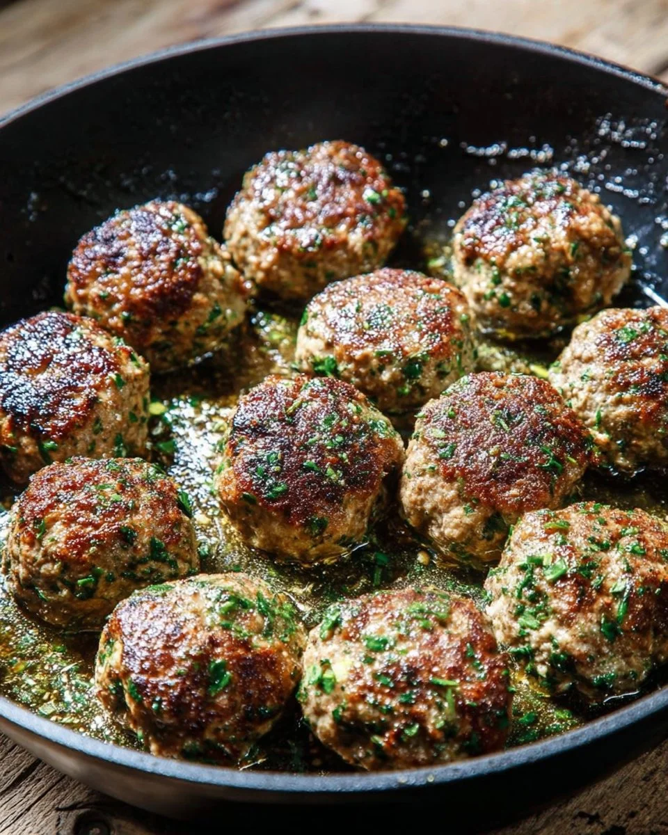 Plate of delicious garlic butter meatballs served with herbs and sauce.