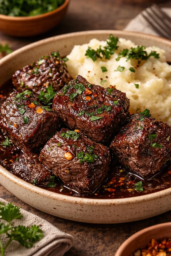 Garlic Butter Steak Bites and Mash