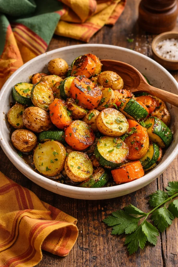 Garlic herb roasted vegetables including potatoes, carrots, and zucchini