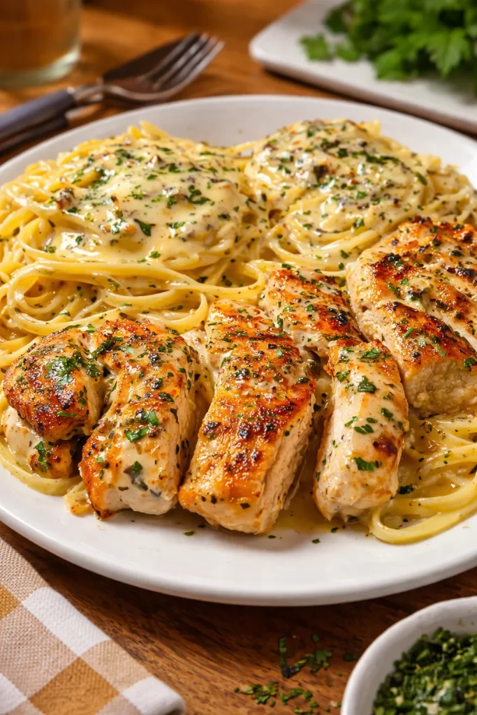 Garlic Parmesan Chicken topped with creamy butter sauce and served with linguine.
