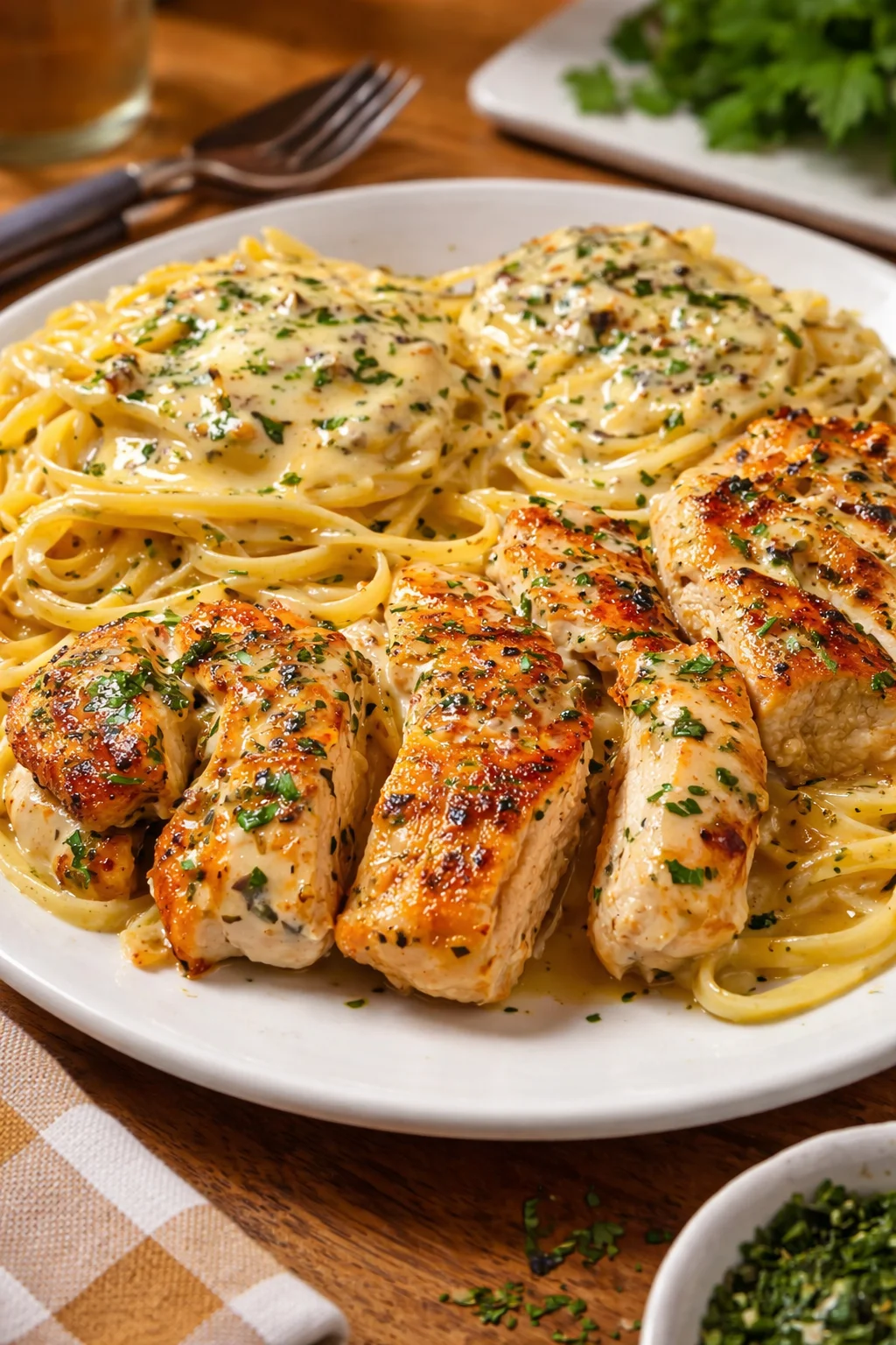 Garlic Parmesan Chicken topped with creamy butter sauce and served with linguine.