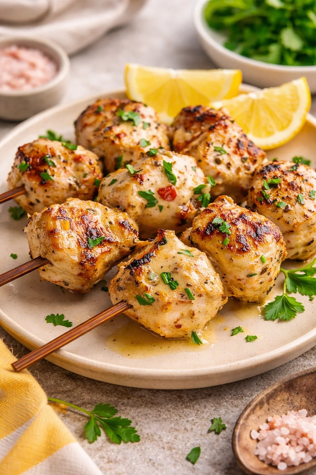 Garlic Parmesan Chicken Skewers with herbs and spices on the grill