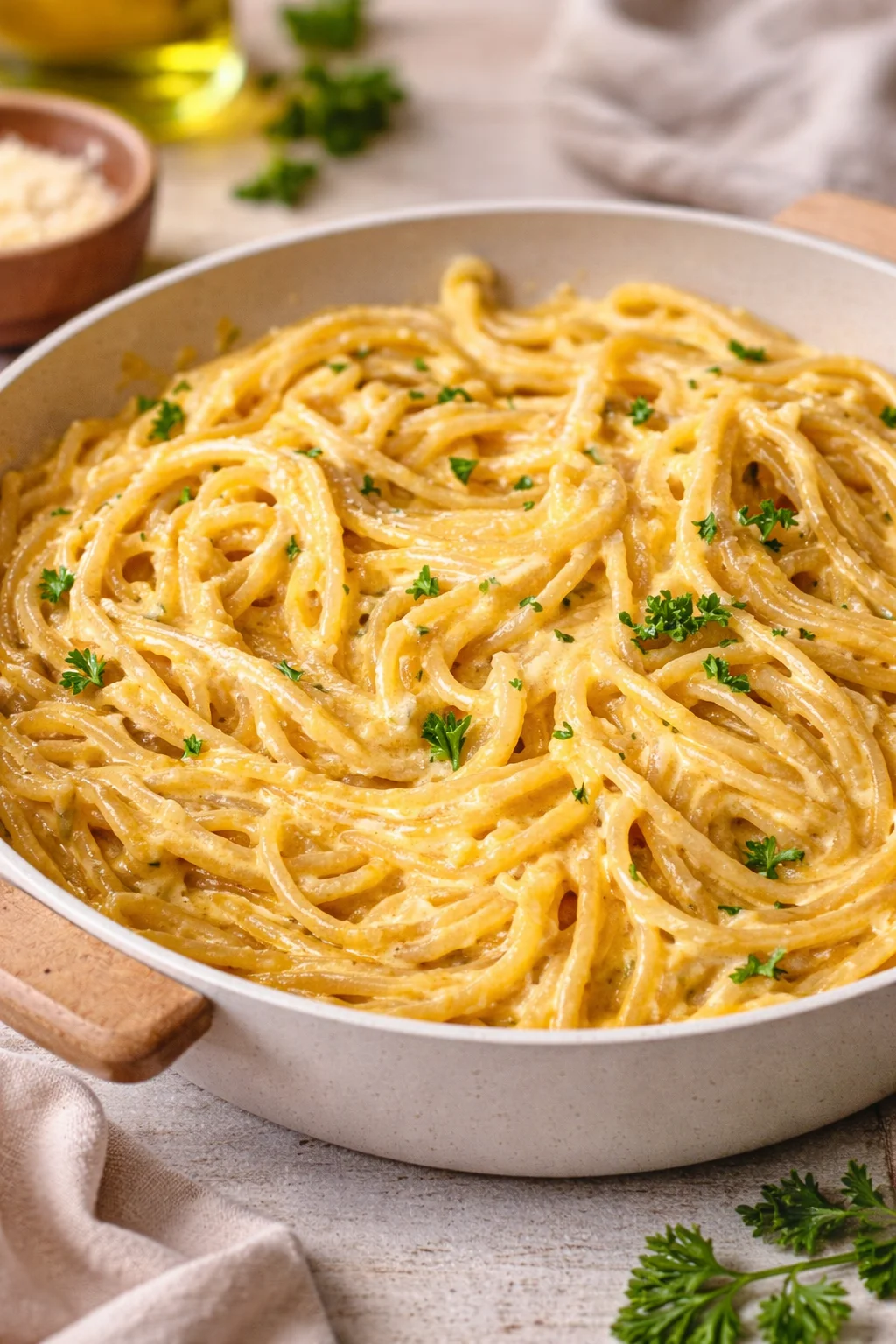 Plate of creamy Garlic Parmesan Pasta garnished with herbs and cheese
