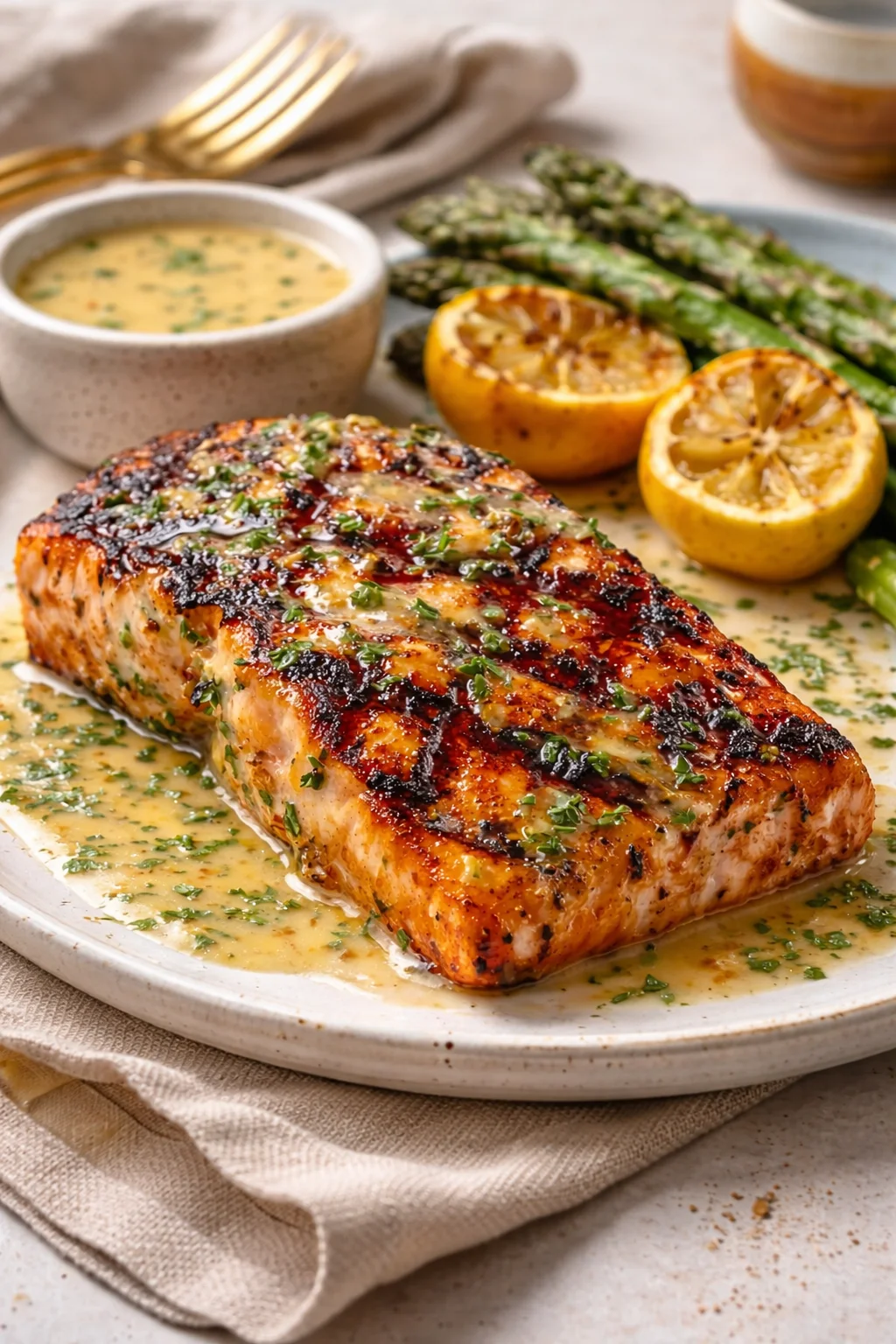 Grilled salmon fillet drizzled with zesty Dijon sauce, served on a plate.