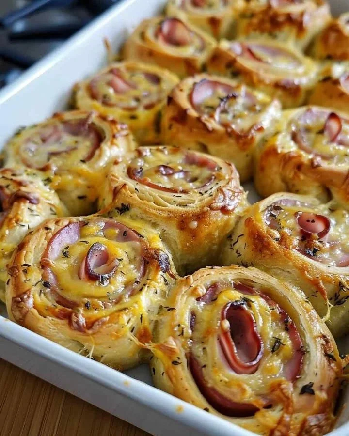 Delicious ham and Swiss crescent rolls on a platter