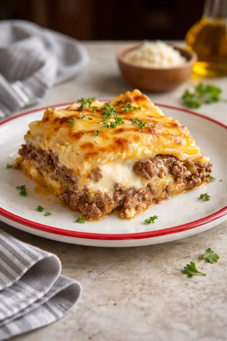 Delicious Hamburger Potato Casserole topped with cheese and herbs