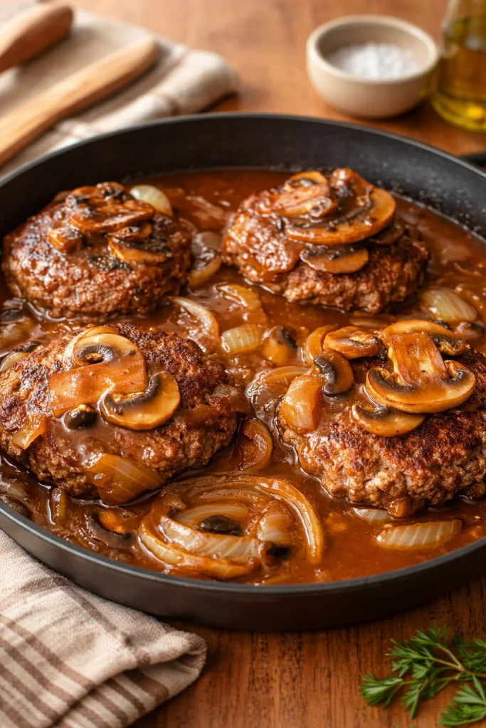 Delicious hamburger steak smothered in rich gravy, served with sides.