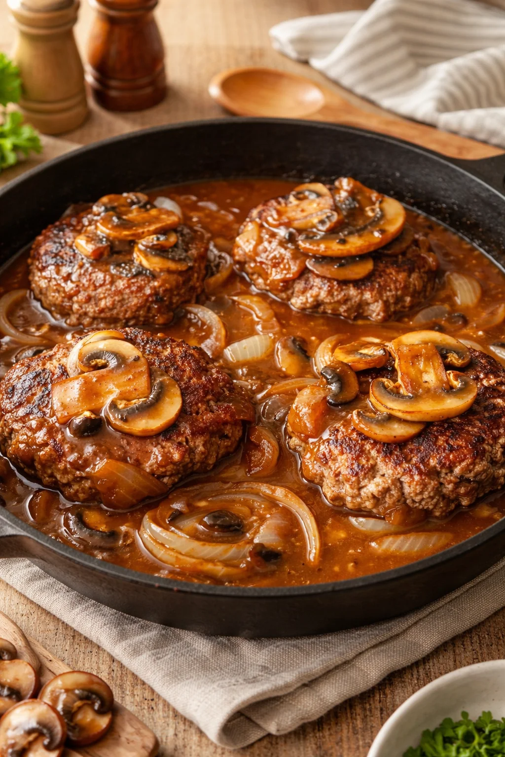 Delicious hamburger steak served with savory gravy