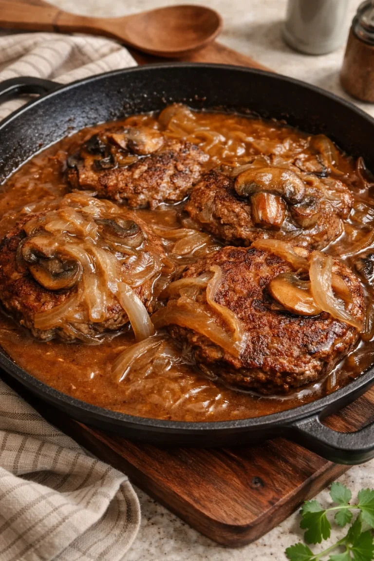 Juicy hamburger steak served with rich gravy on a plate