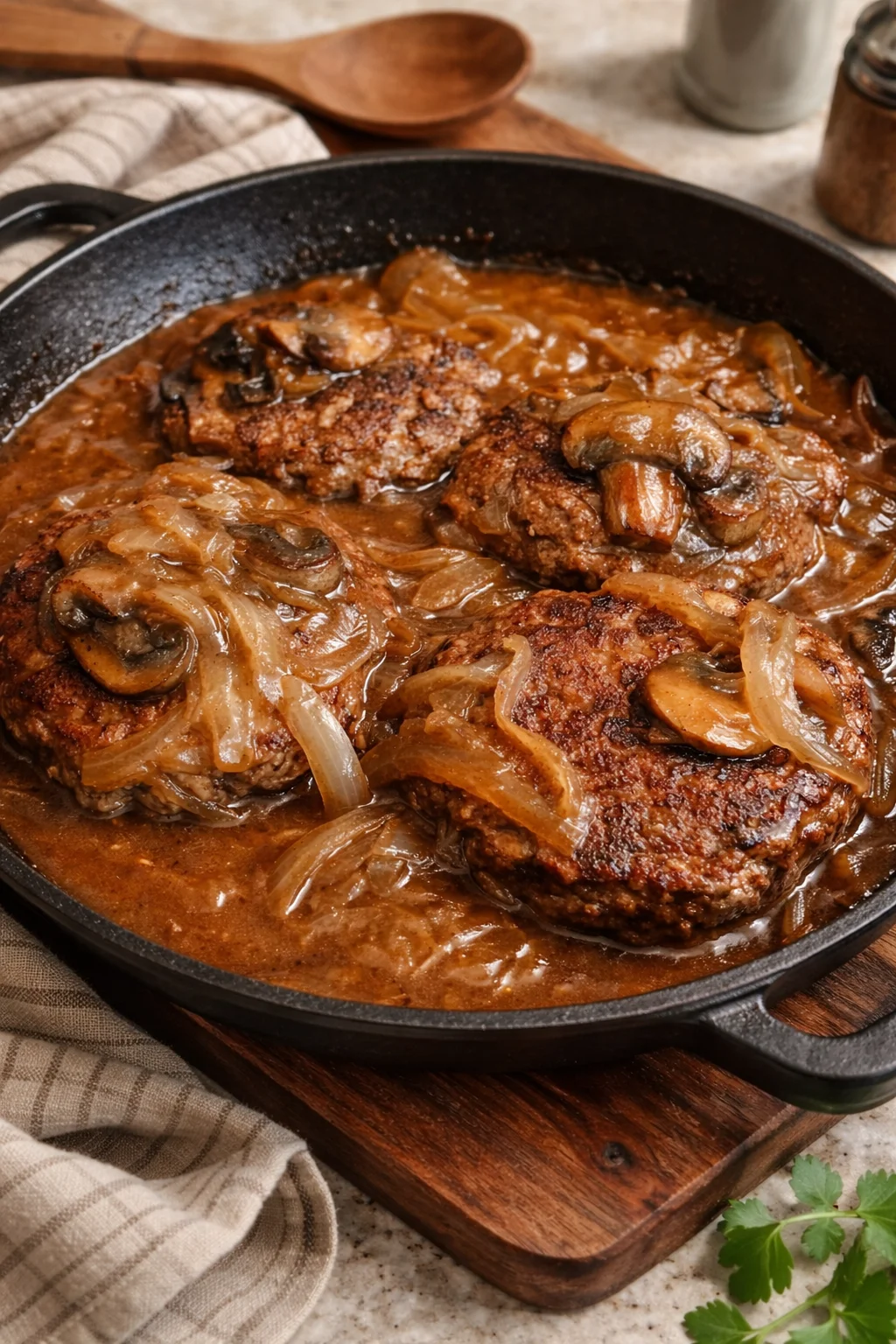 Juicy hamburger steak served with rich gravy on a plate