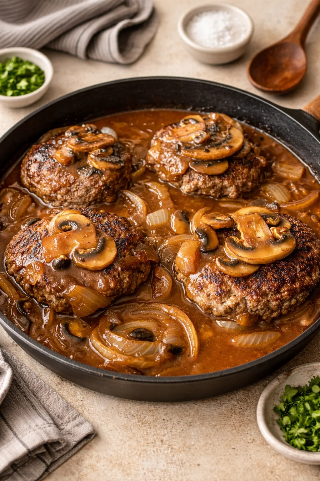 Delicious hamburger steak topped with savory gravy served on a plate