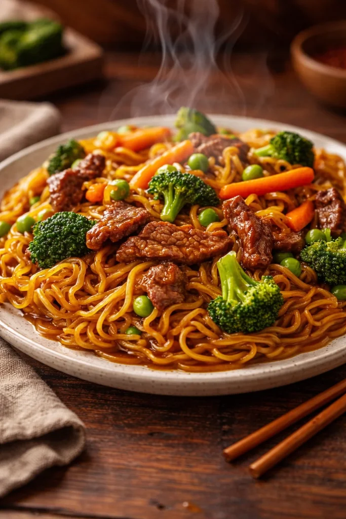 Homemade beef and broccoli lo mein served in a bowl