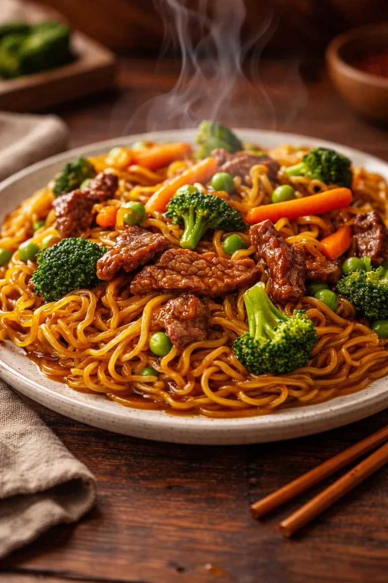 Homemade beef and broccoli lo mein served in a bowl