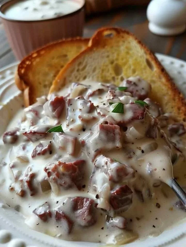 Plate of homemade creamed chipped beef served on toast with herbs.
