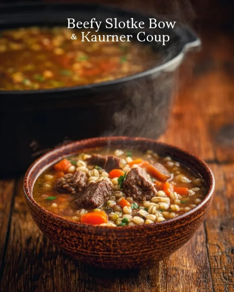 Bowl of homemade slow cooker beef barley soup with vegetables and herbs