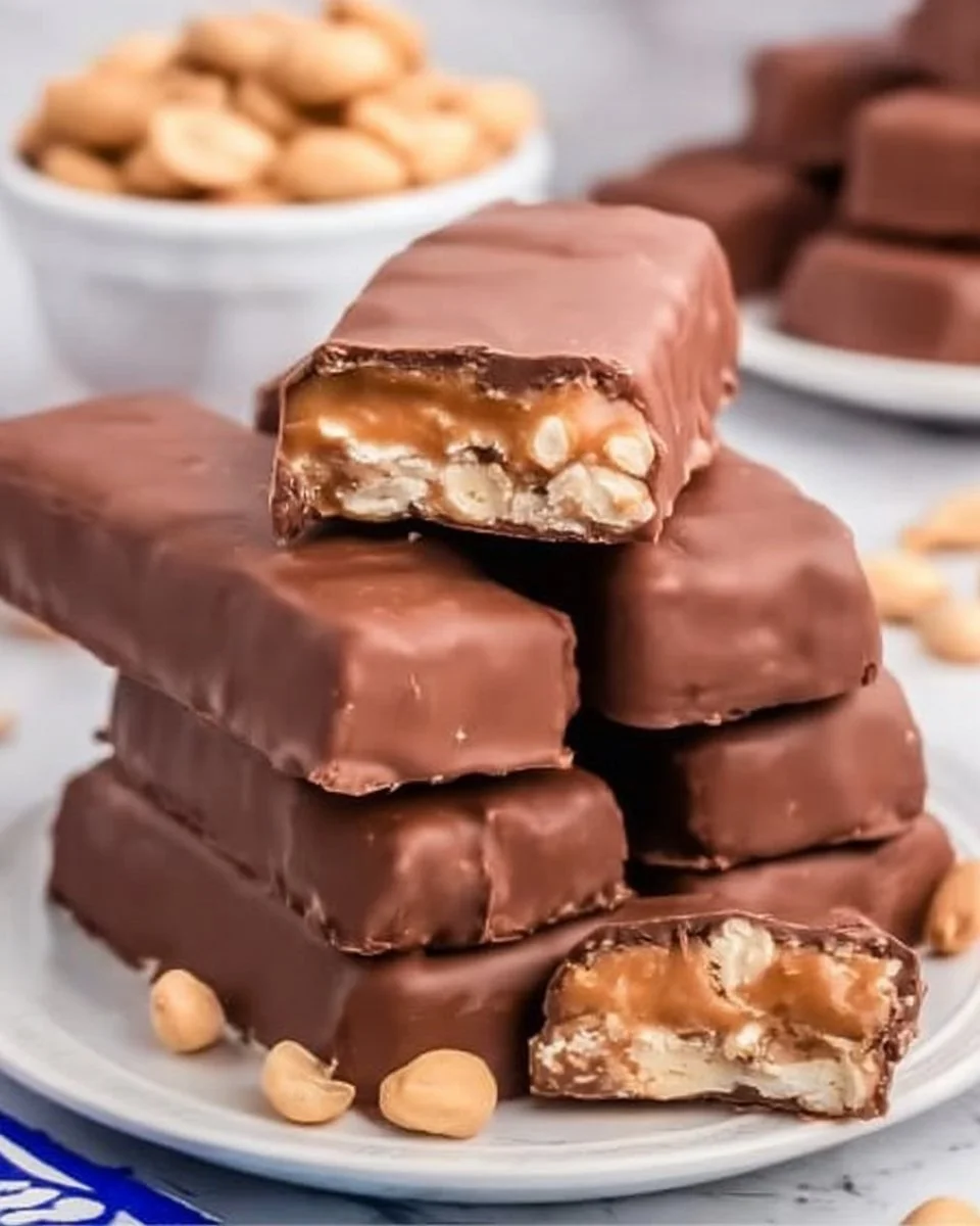 Homemade Snickers Bars with chocolate, caramel, and peanuts