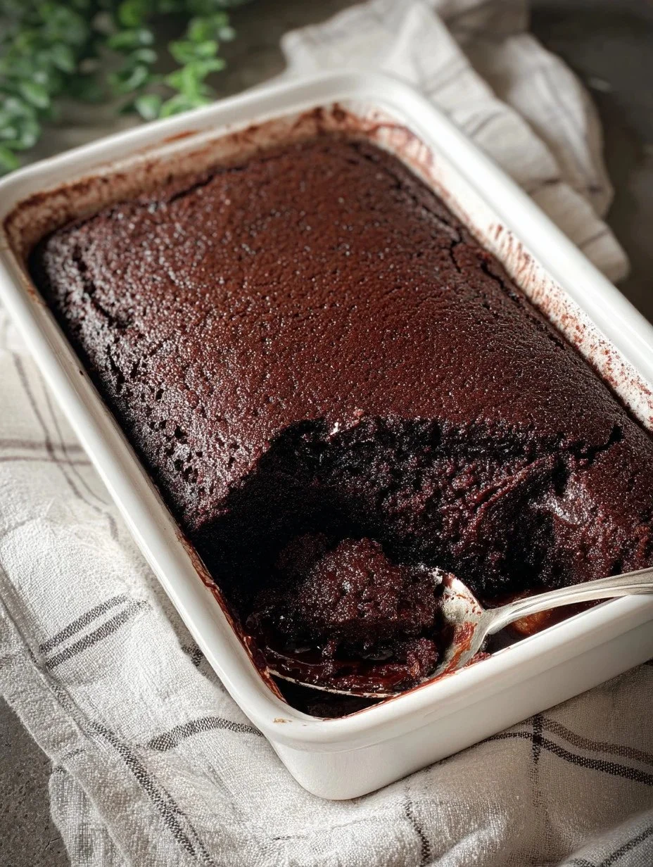 Delicious hot fudge chocolate pudding cake topped with chocolate sauce