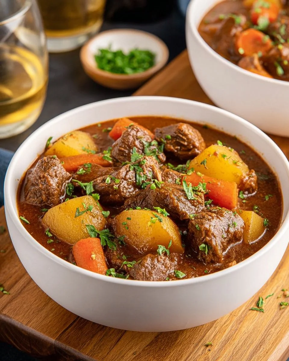 Bowl of hearty Irish stew with vegetables and tender meat